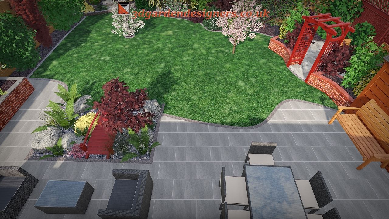 Overhead view of a landscaped backyard with patio furniture, green lawn, flower beds, and a red arbor.