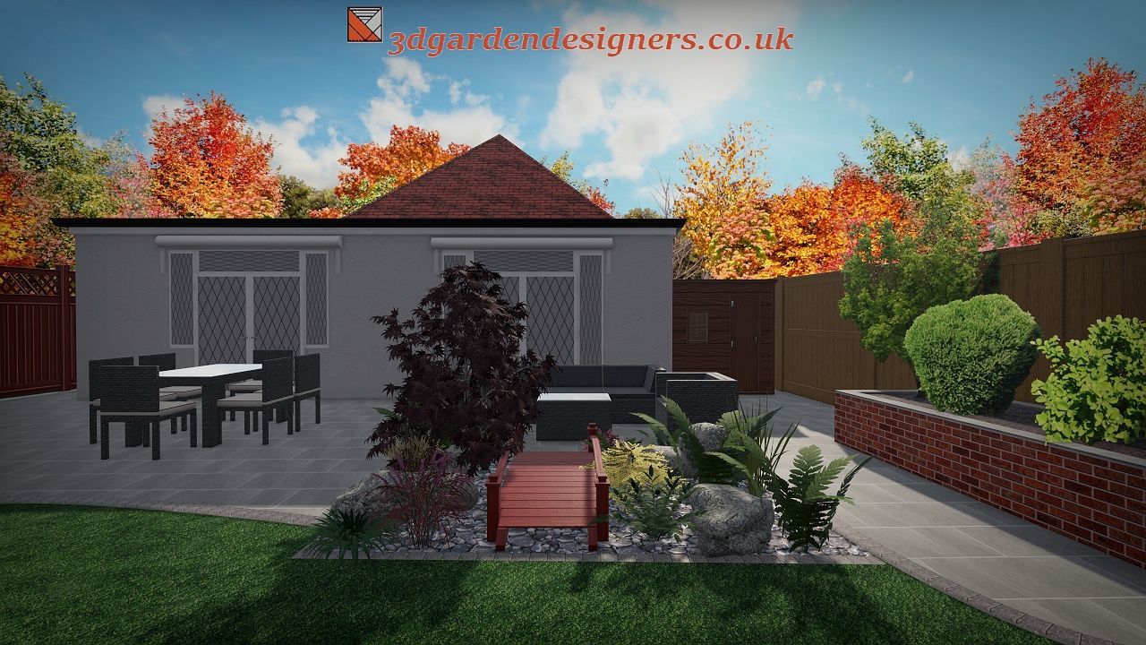Backyard patio with outdoor seating, plants, and building; autumn colors.