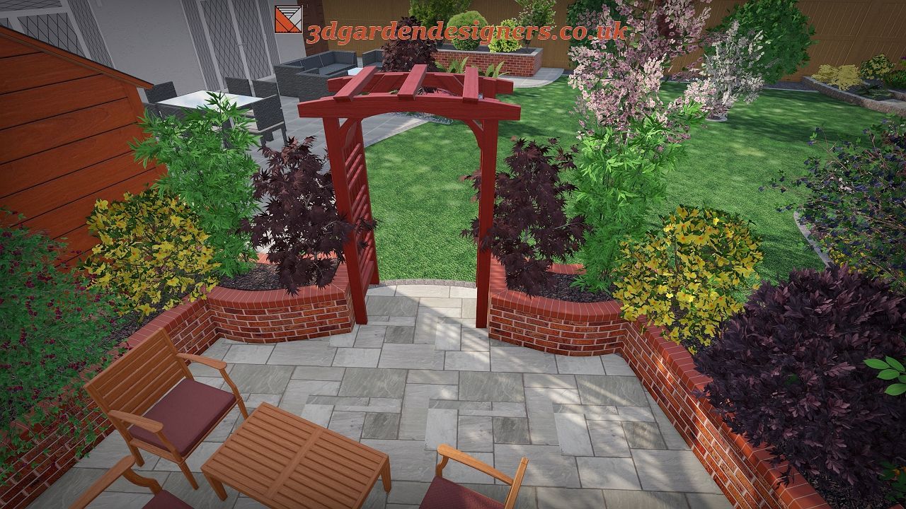 Patio with seating, brick walls, and a red arbor leading to a garden. Lush greenery and flowers surround the area.