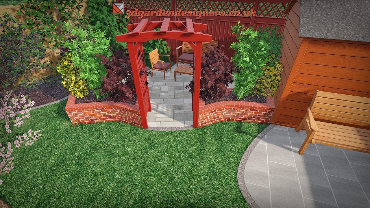 Overhead view of a garden with a red arbor, brick planters, and a wooden deck.