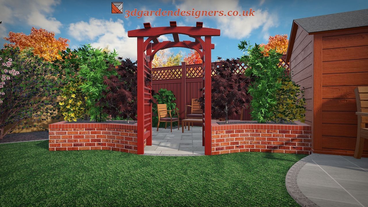 Red wooden arbor frames garden entrance, flanked by brick planters, lawn, and greenery.