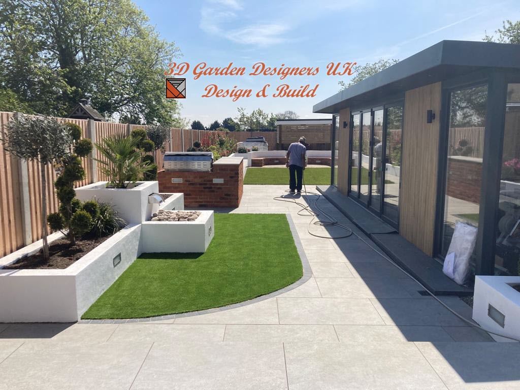 A man is walking in a garden next to a house.