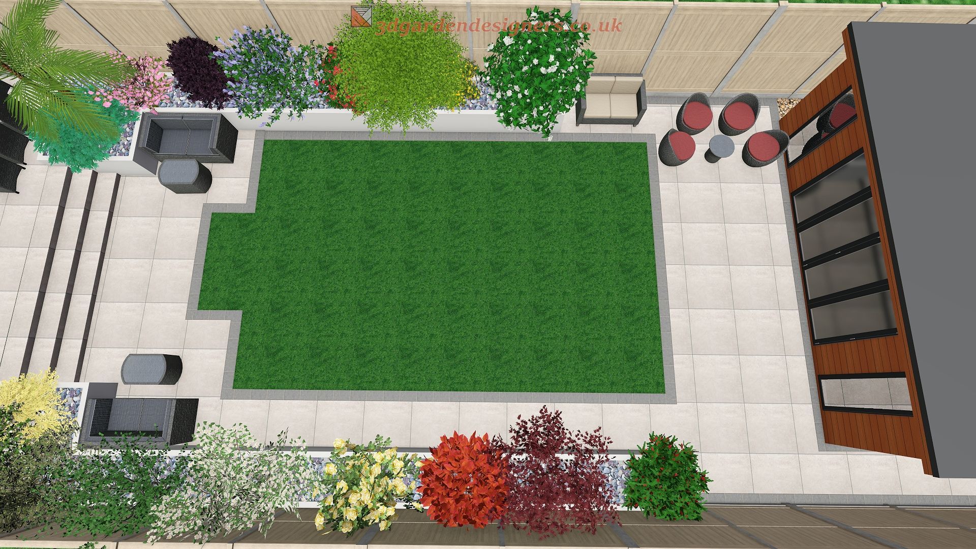 Overhead view of a modern backyard with a green lawn, seating areas, and colorful plants.