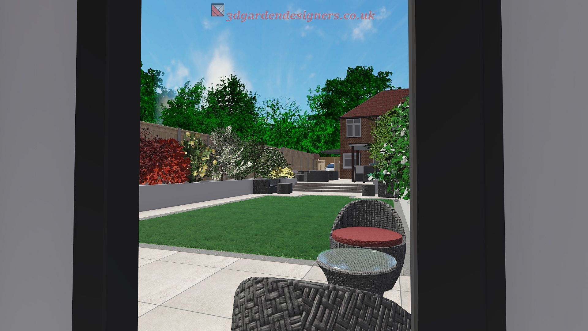 View through an opening into a landscaped garden with patio furniture, lawn, and plantings.