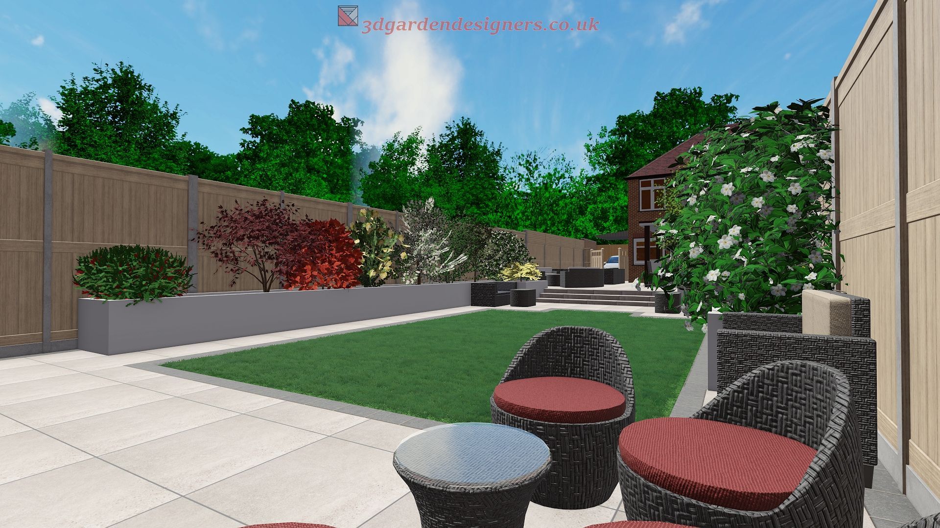 Backyard patio with wicker furniture, green lawn, flowerbeds, wooden fence, and a house.