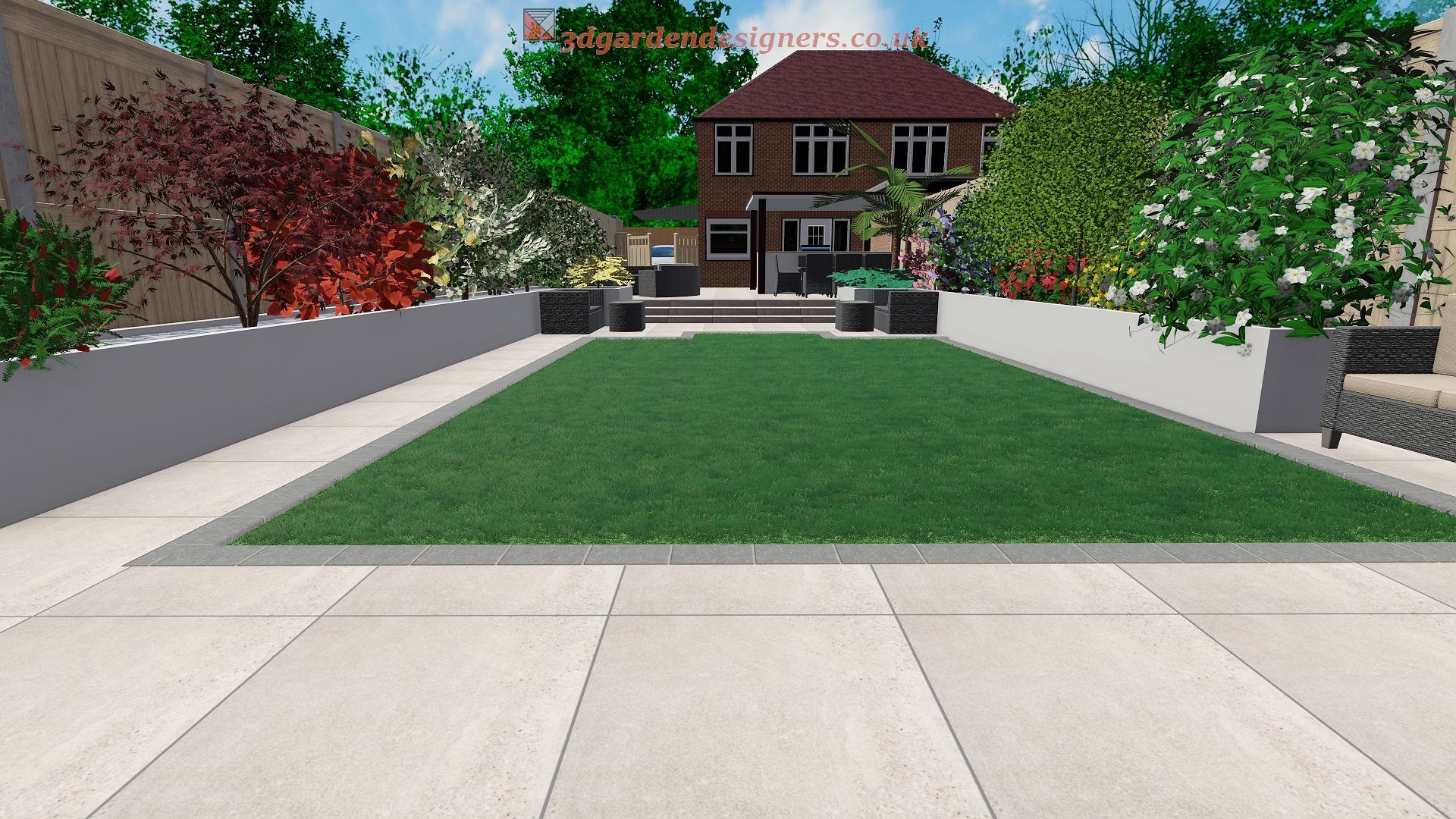 Backyard design with a rectangular lawn, concrete walls, and a house in the background.