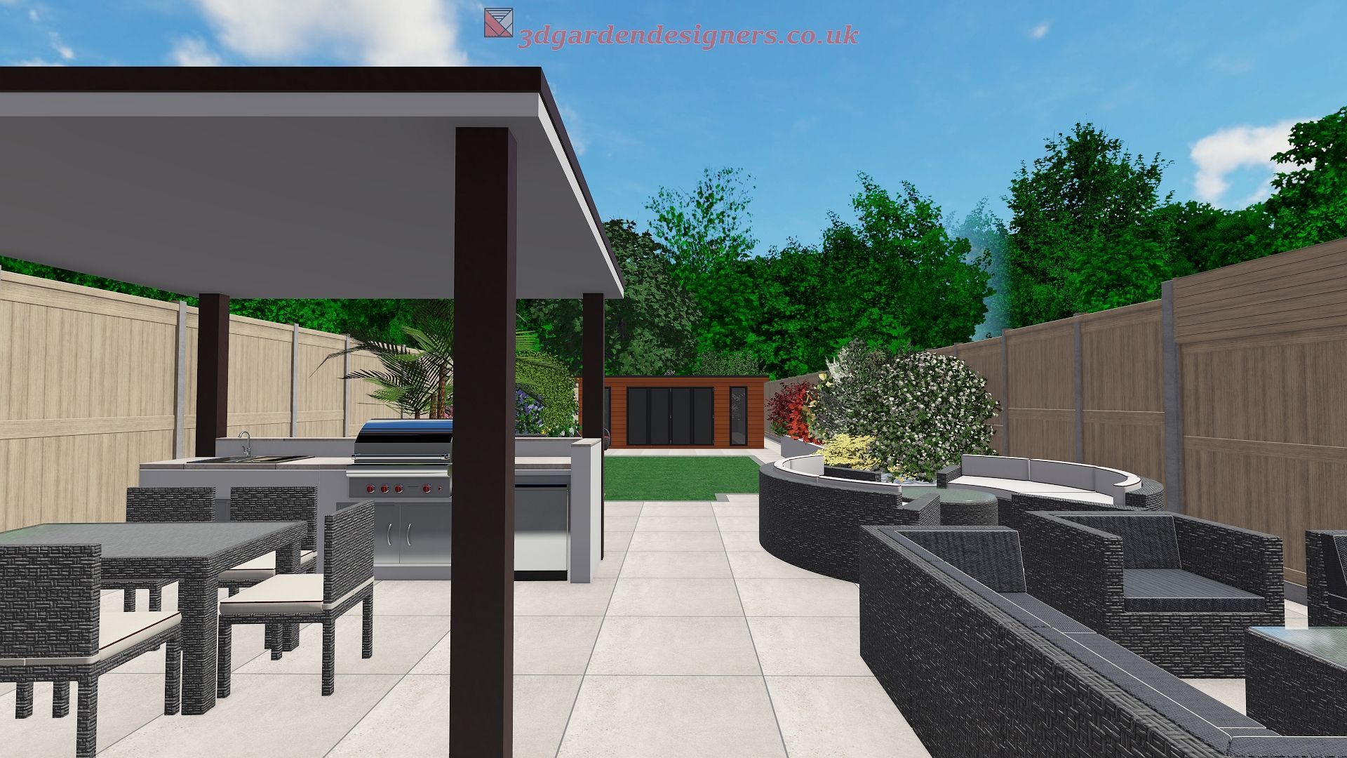 Outdoor patio with a grill, seating, and a covered dining area.