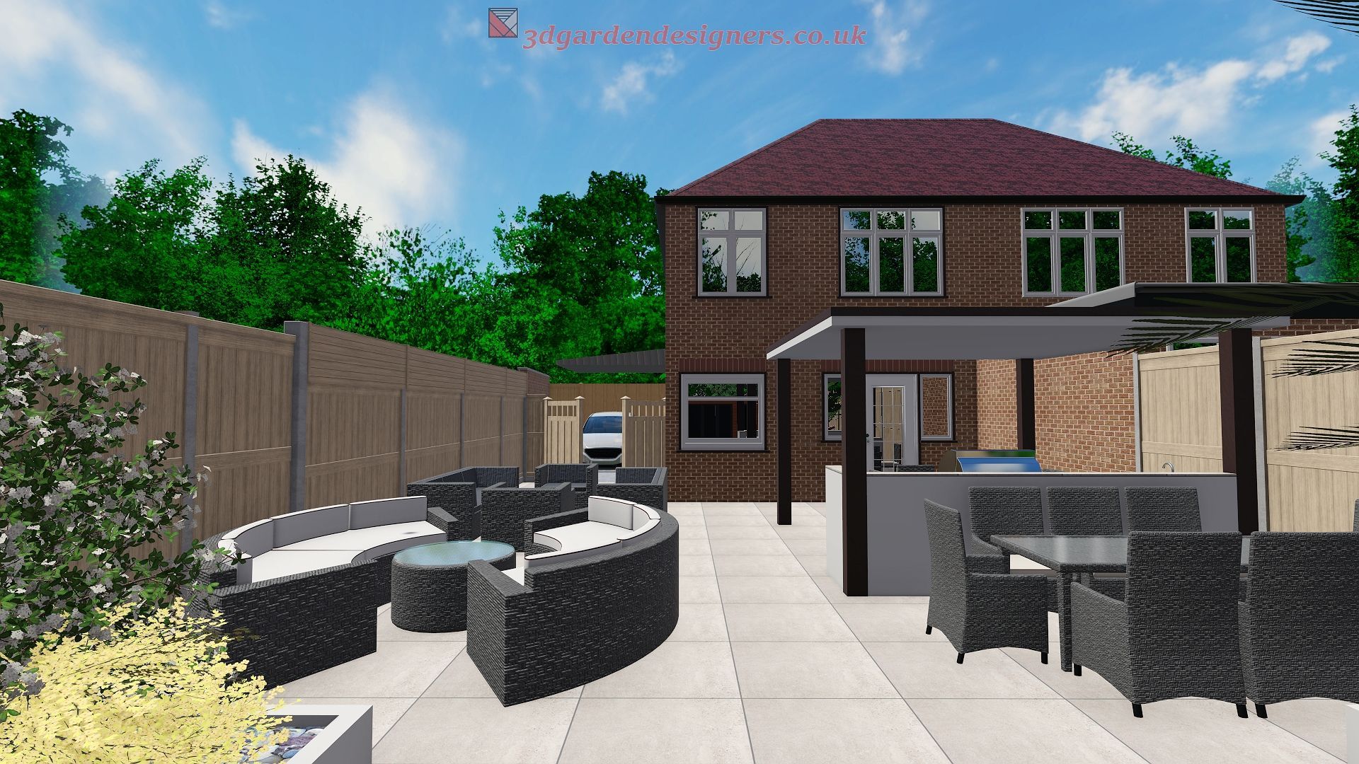 Backyard patio with seating, dining area, and house with brick exterior.