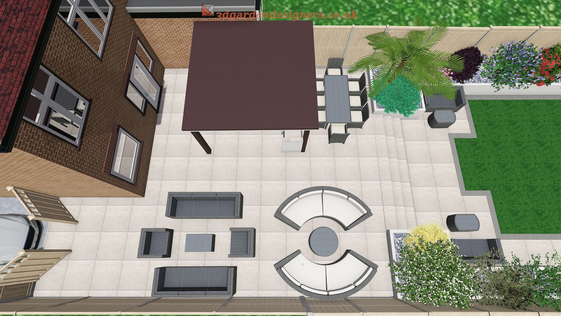 Top-down view of a modern backyard design with patio furniture, dining area, and landscaping.