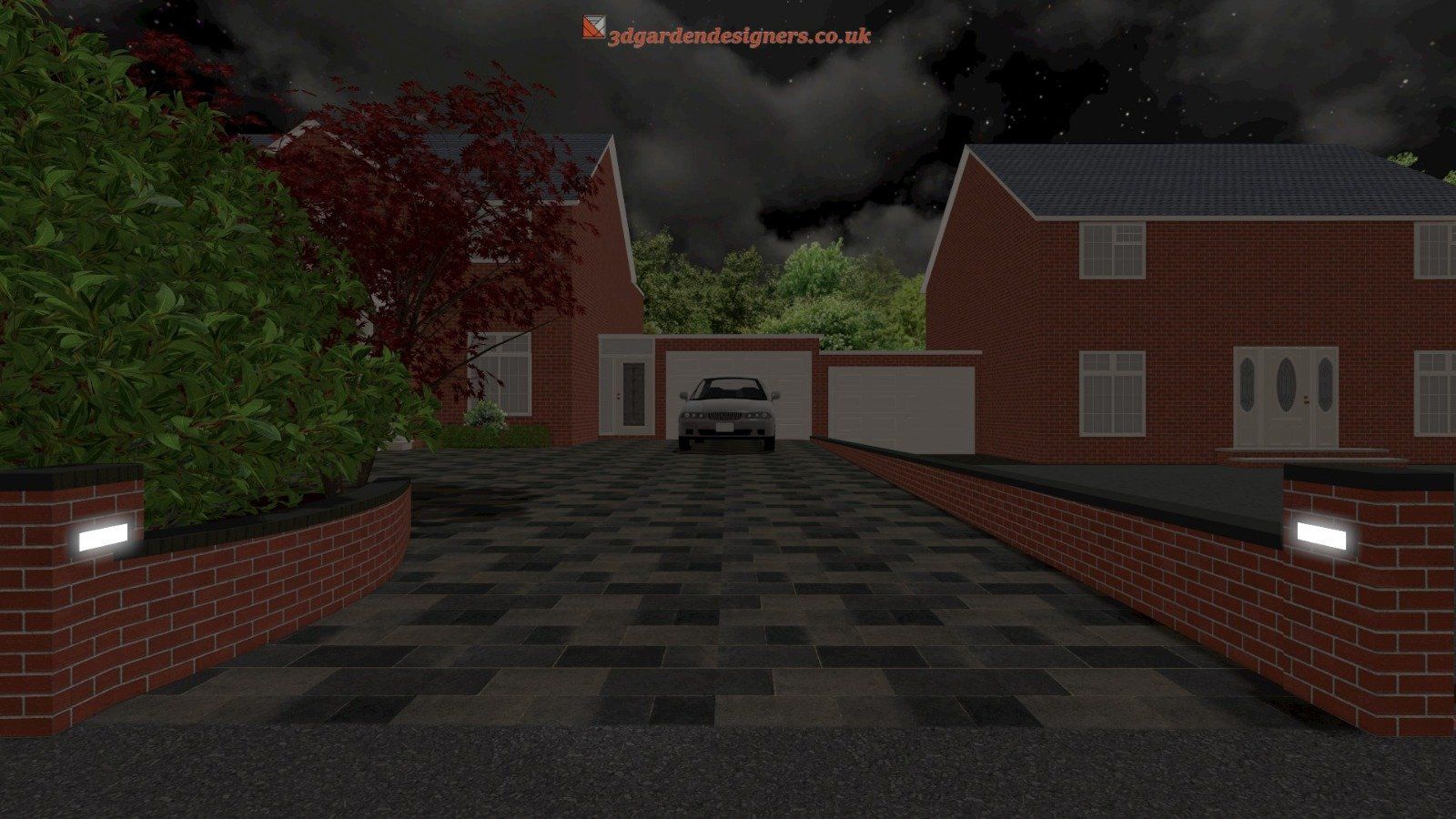 driveway design and walls and lighting
