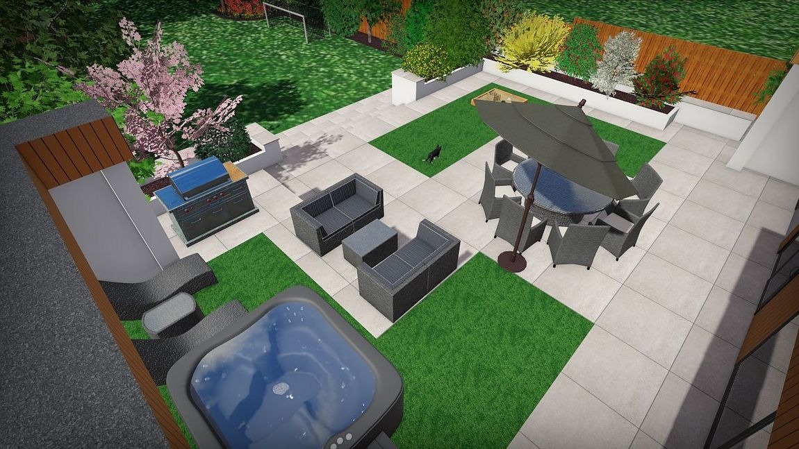 an aerial view of a garden with a hot tub and patio furniture .
