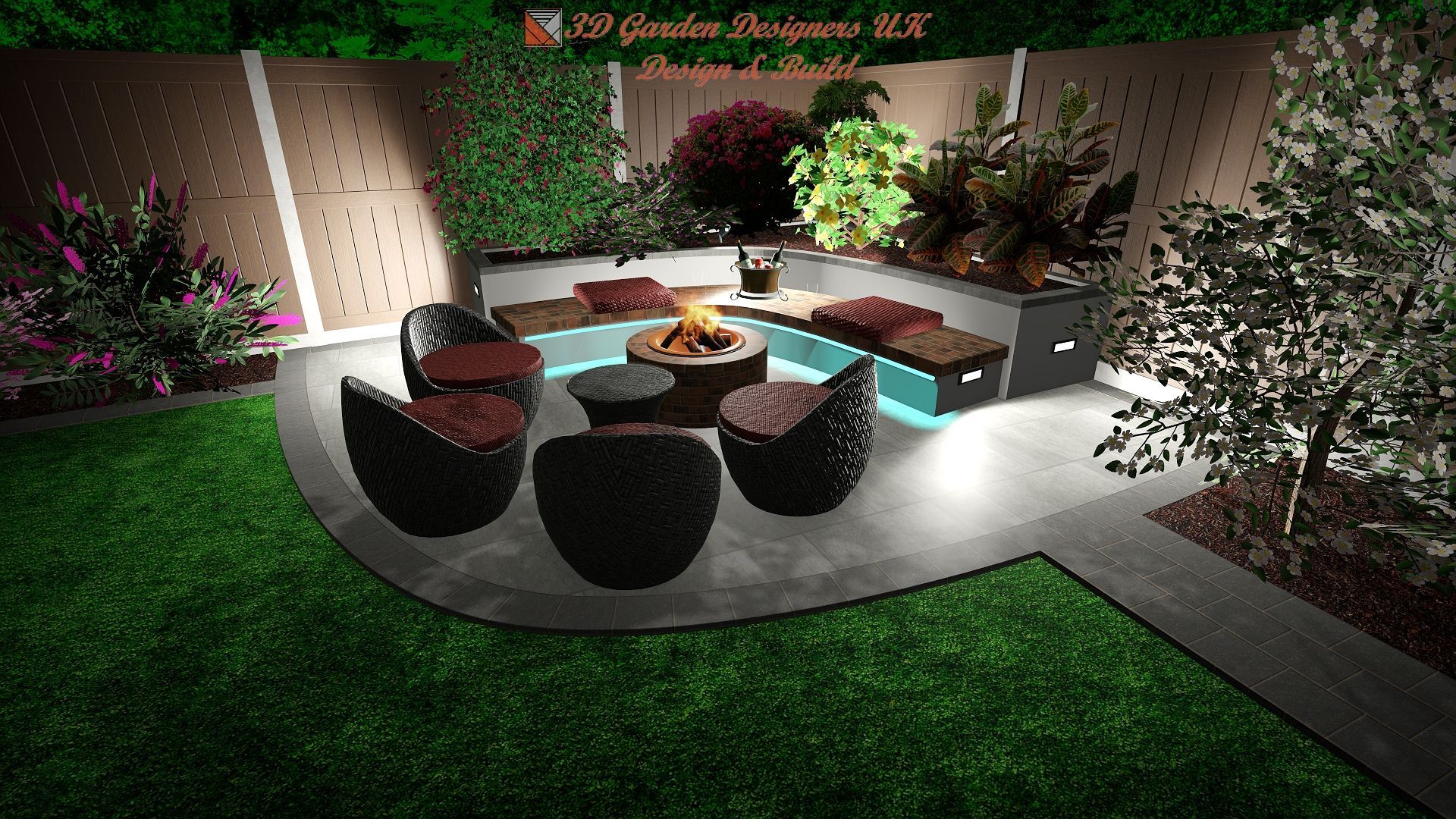 A modern outdoor living space with a fire pit, seating, and lush greenery at night.