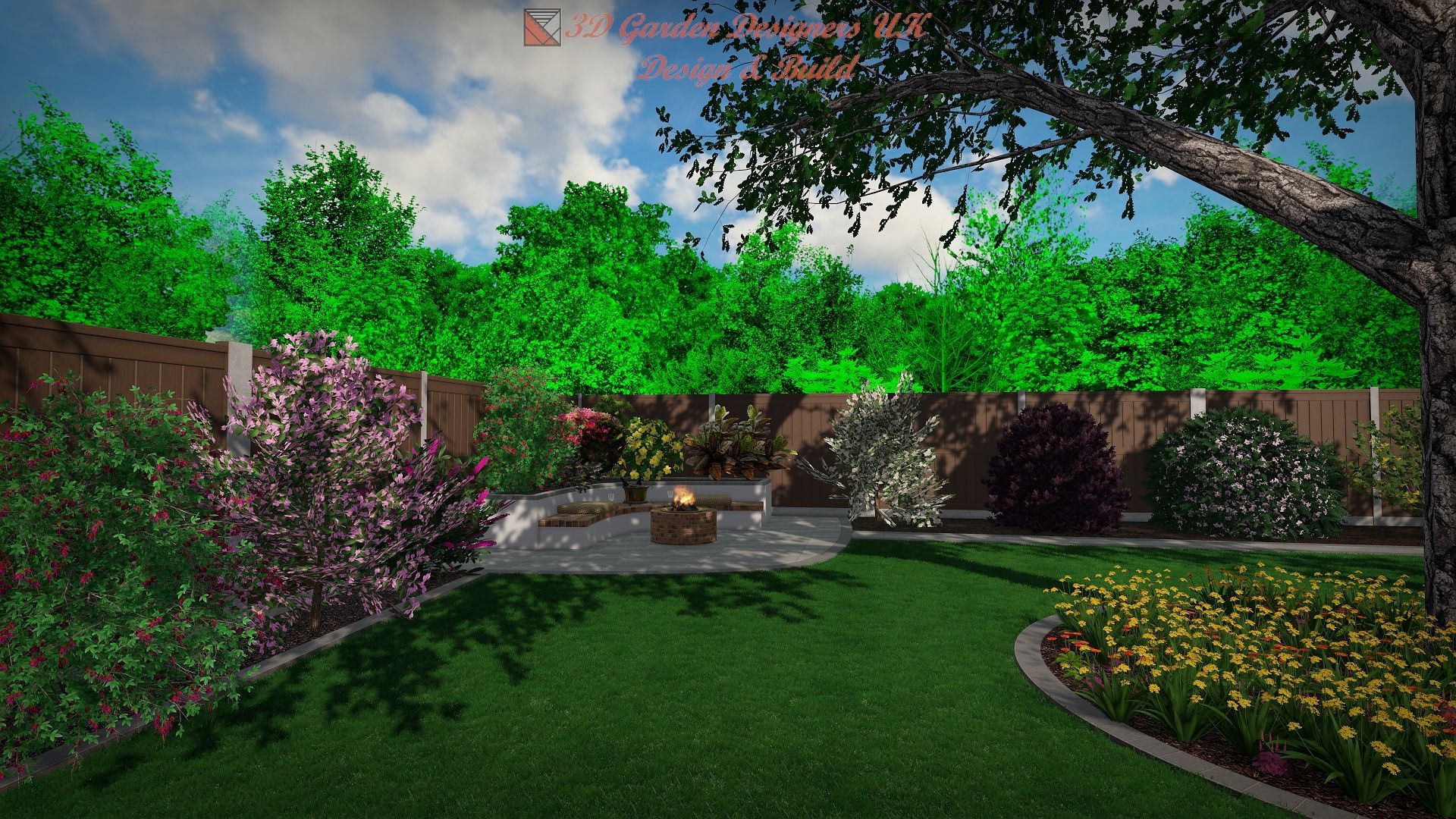 A 3D render of a backyard featuring a lush green lawn, a stone patio with a fire pit, various shrubs, and a flowering bed.