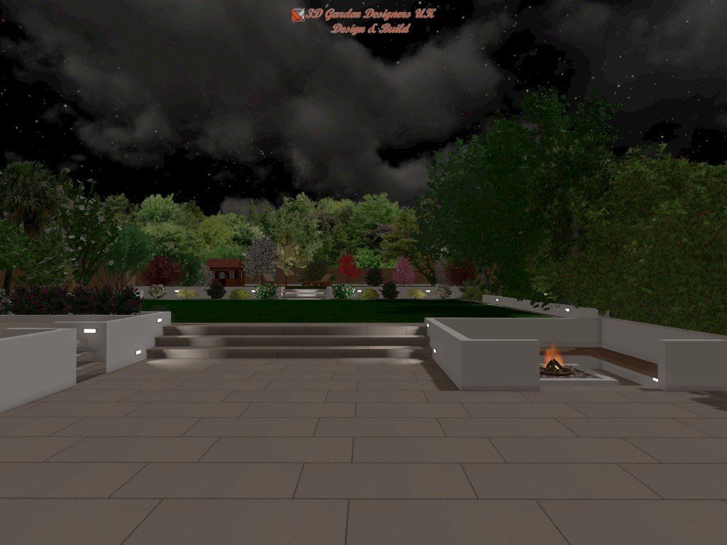 A computer generated image of a garden at night