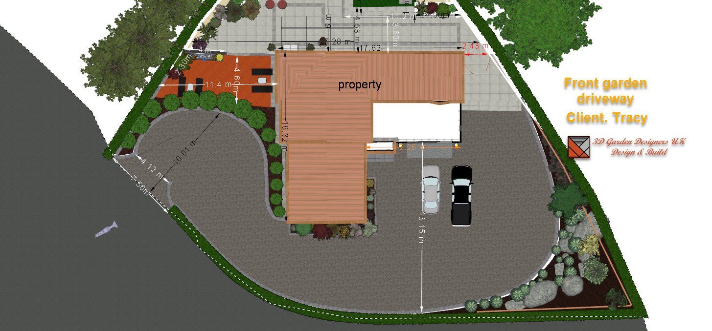 An aerial view of a house with a car parked in front of it