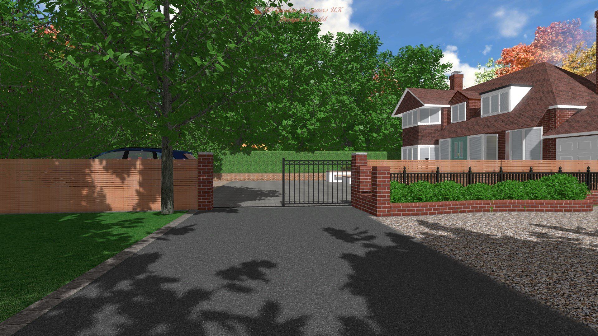 A computer generated image of a driveway leading to a house