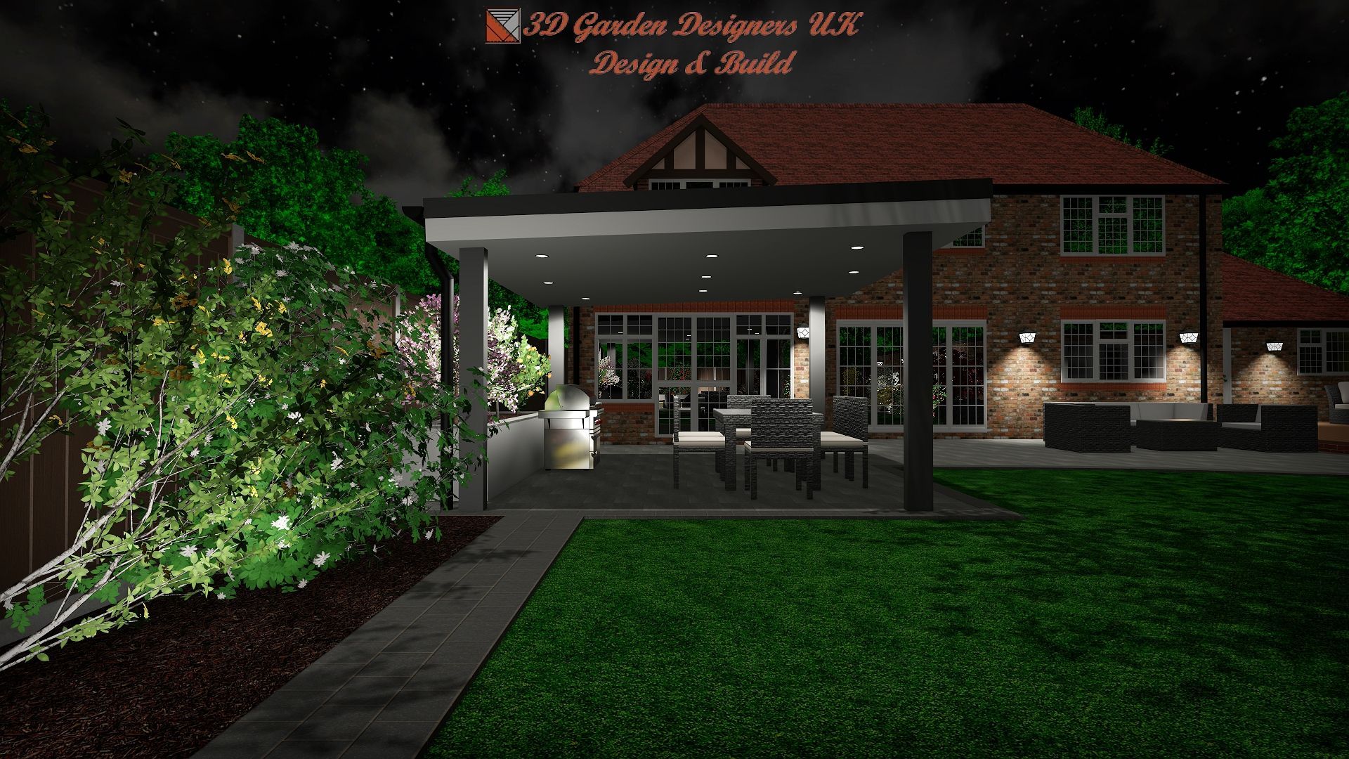 Night view of a house with lit patio and garden. Green grass, dark mulch, trees, and stars in the background.