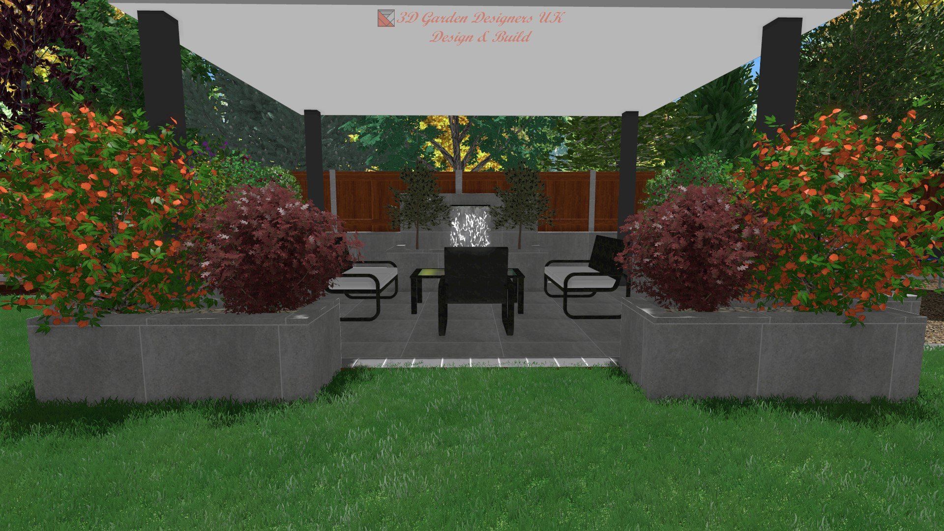 A computer generated image of a backyard with a table and chairs.