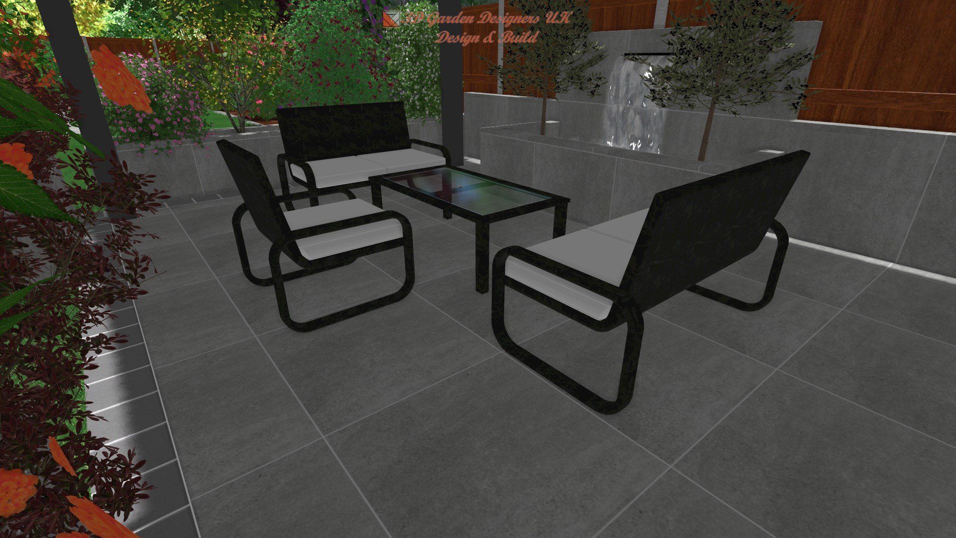 A computer generated image of a patio with furniture and a waterfall.