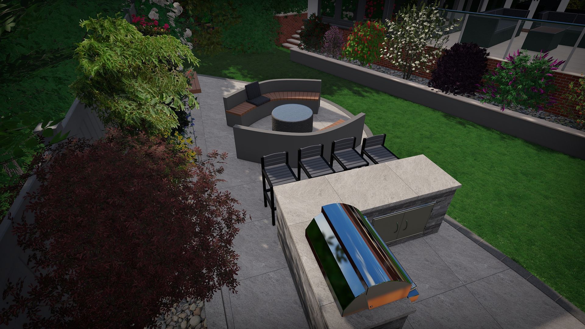 Outdoor patio with built-in seating, fire pit, and grill. Lush green lawn, colorful shrubs, and trees surround the space.