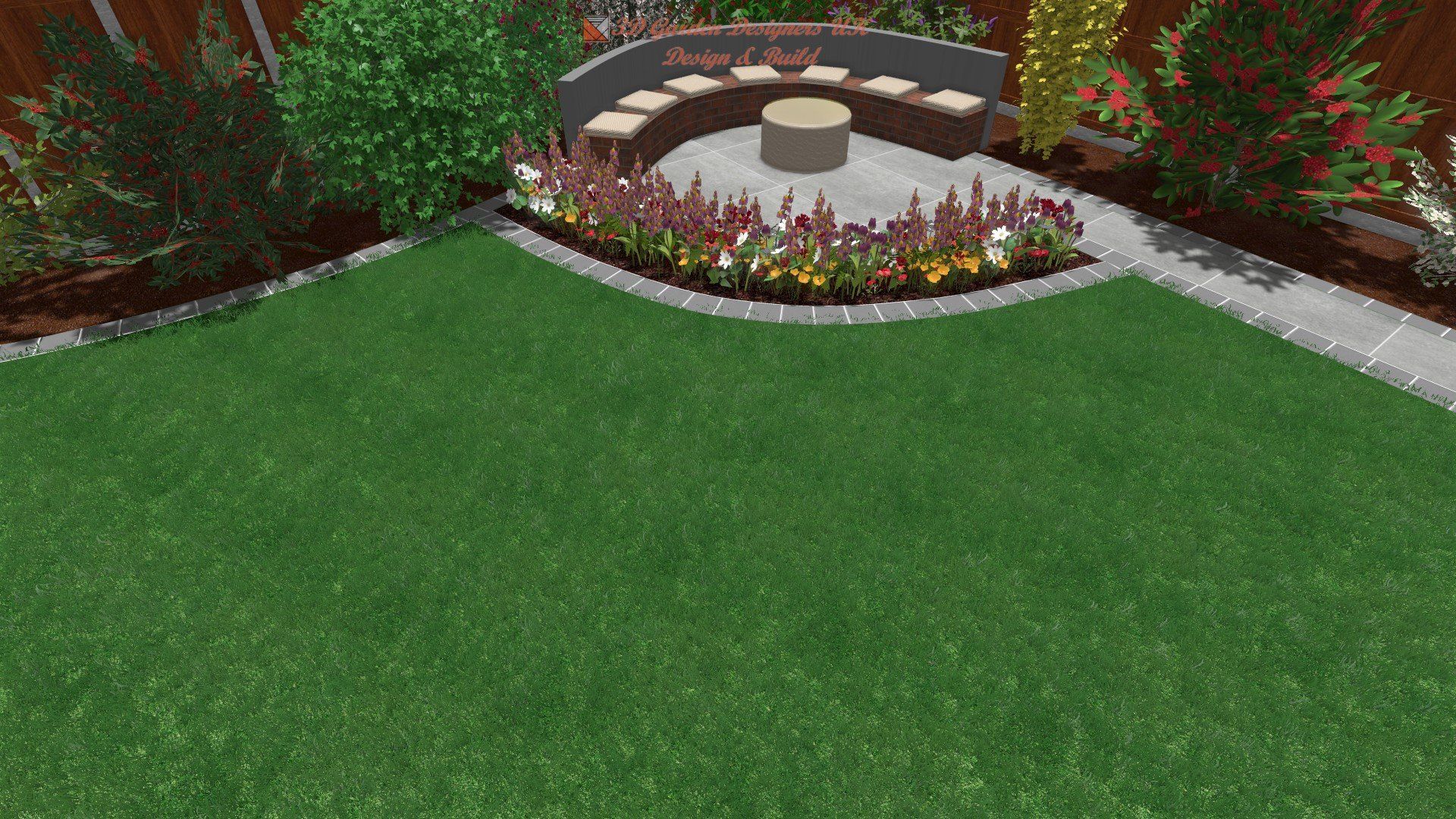 There is a fire pit in the middle of the lawn.