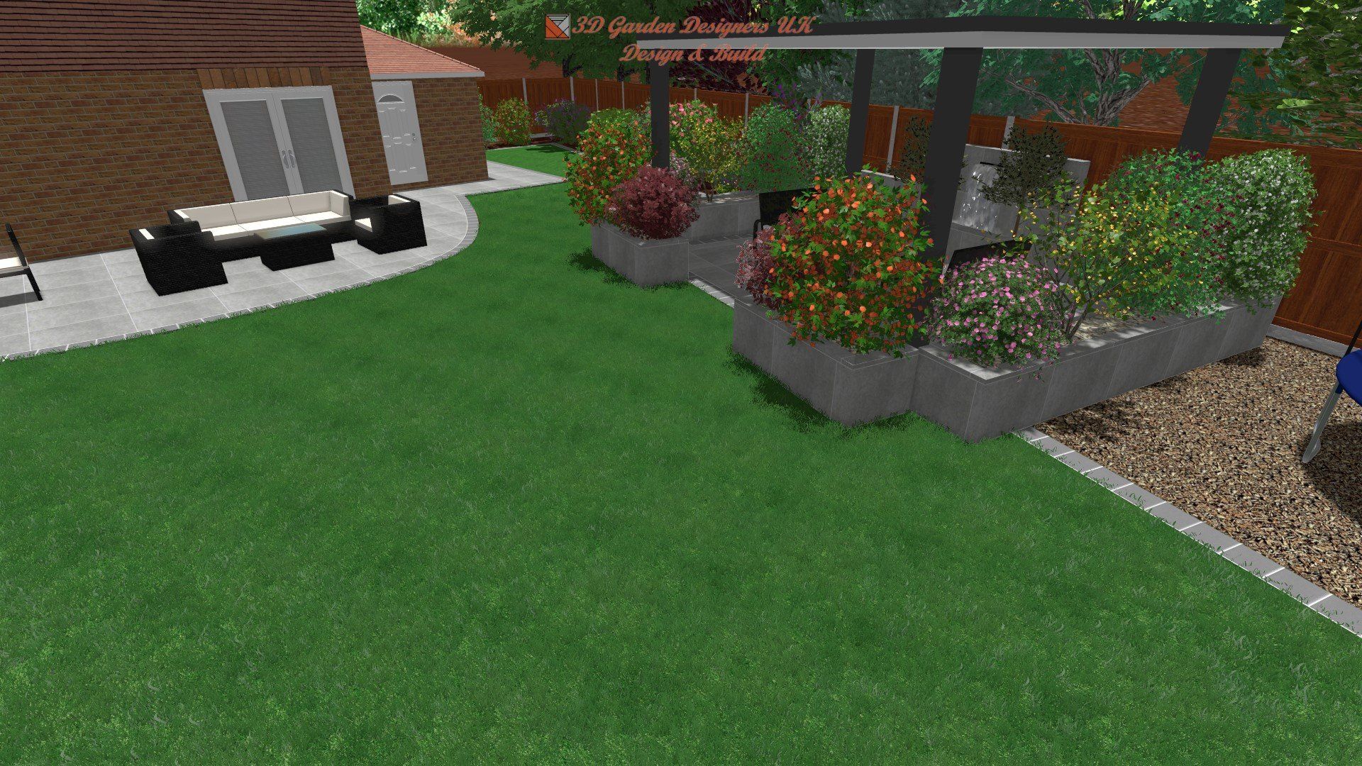 A computer generated image of a backyard with a table and chairs.