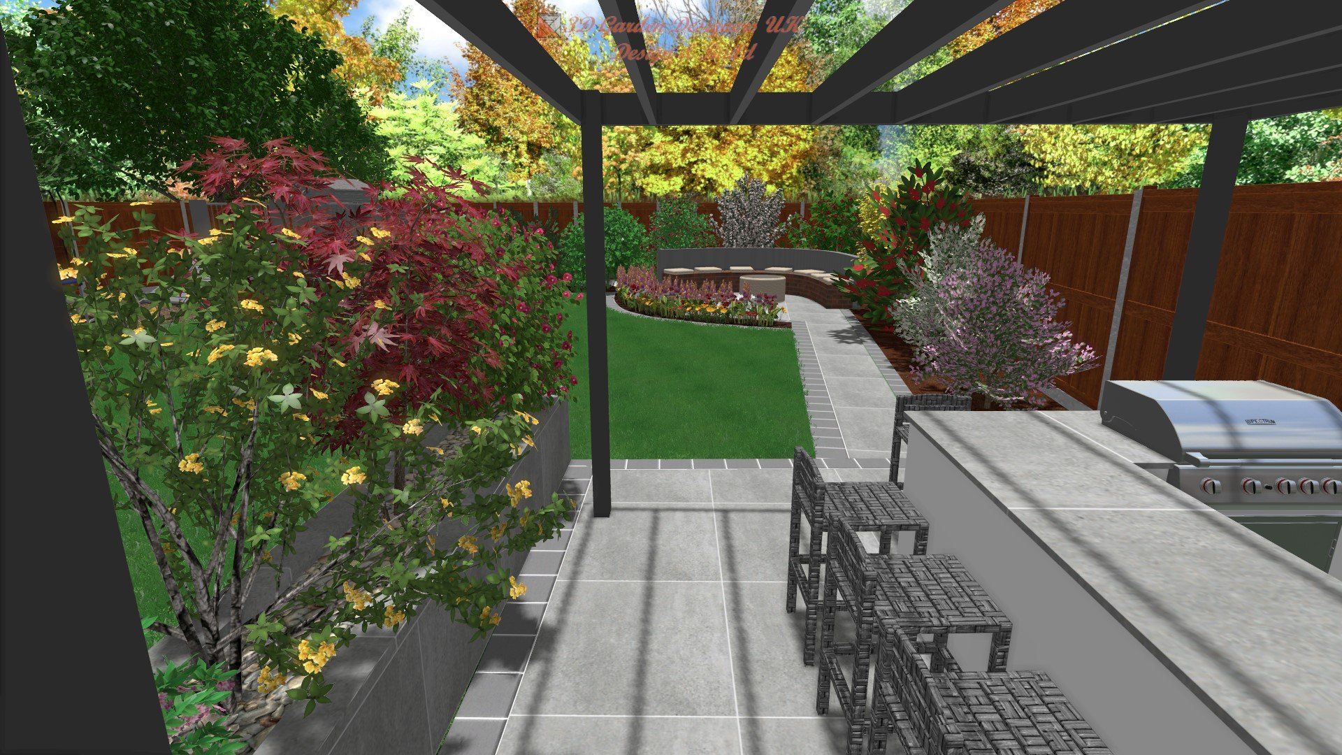 A computer generated image of a backyard with a pergola and a grill.