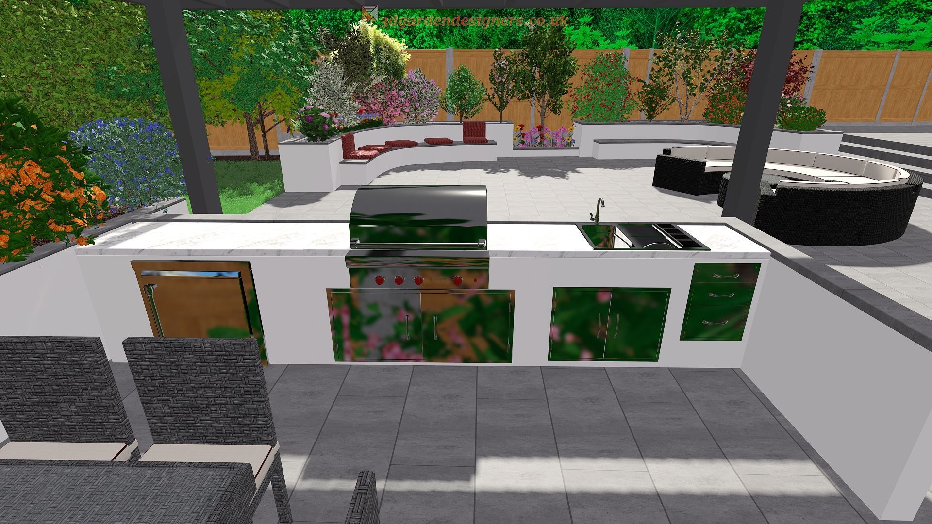 Outdoor kitchen rendering with grill, sink, and seating. Lush greenery and patio furniture in background.