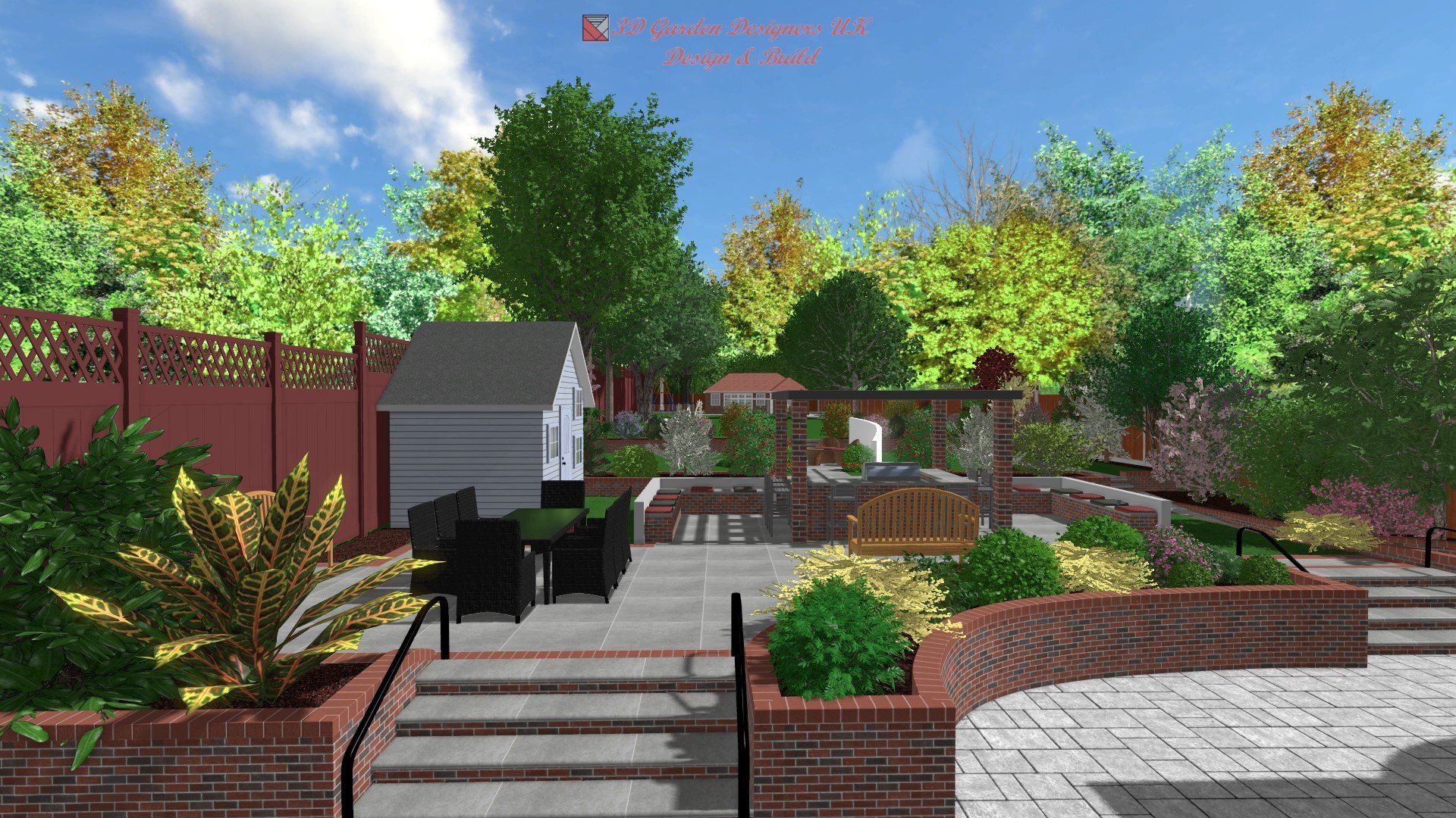 A computer generated image of a garden with stairs leading up to it.