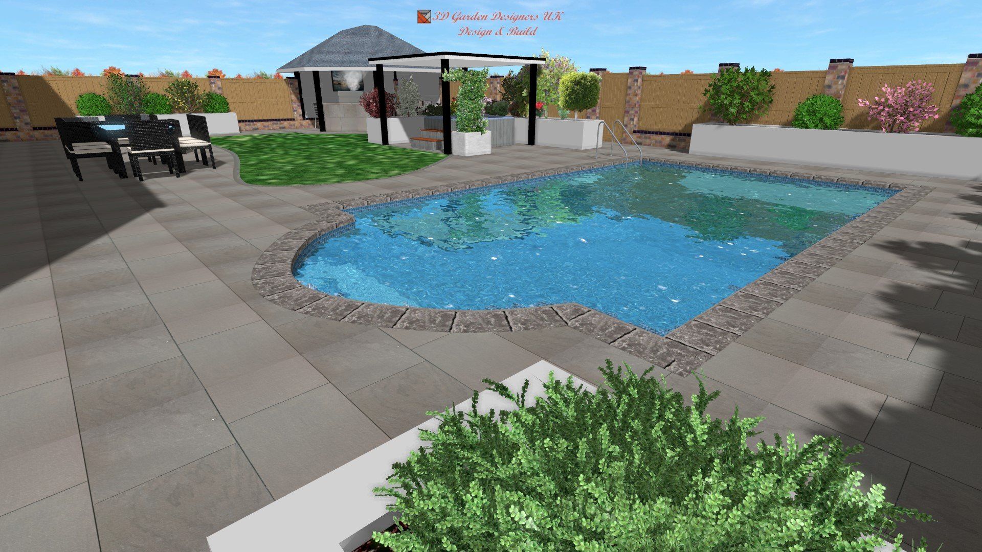A computer generated image of a backyard with a large swimming pool