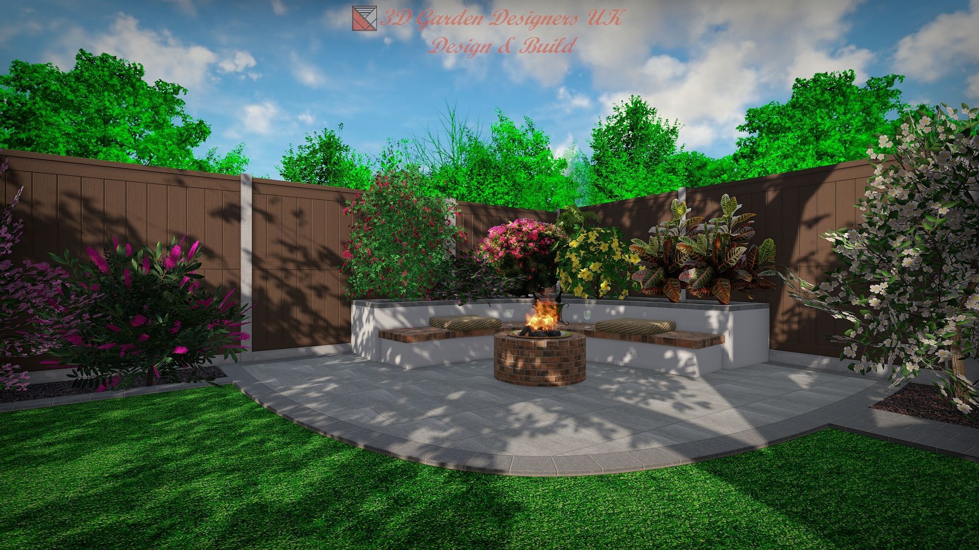 Cozy backyard patio with a fire pit, built-in benches, and lush greenery. Brown fence surrounds the space.