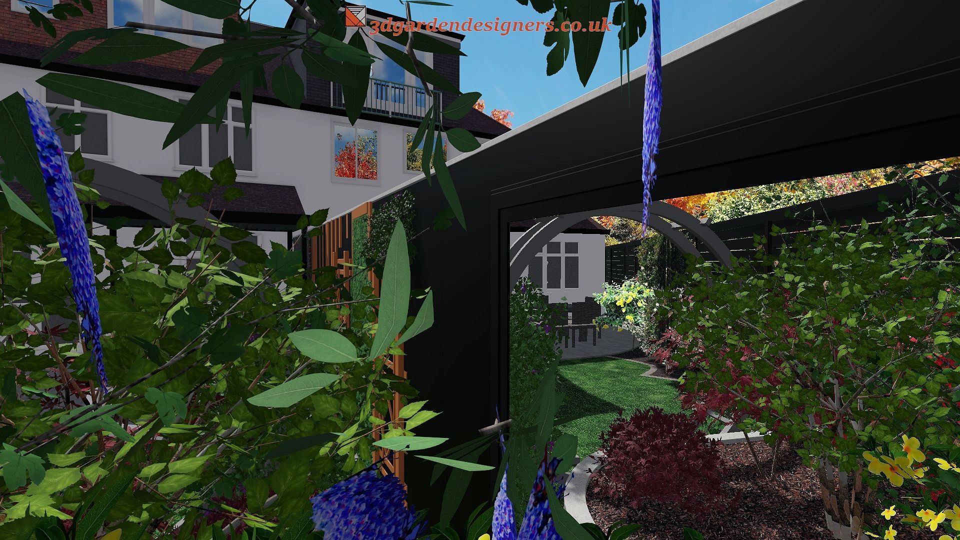 A computer generated image of a garden with a house in the background