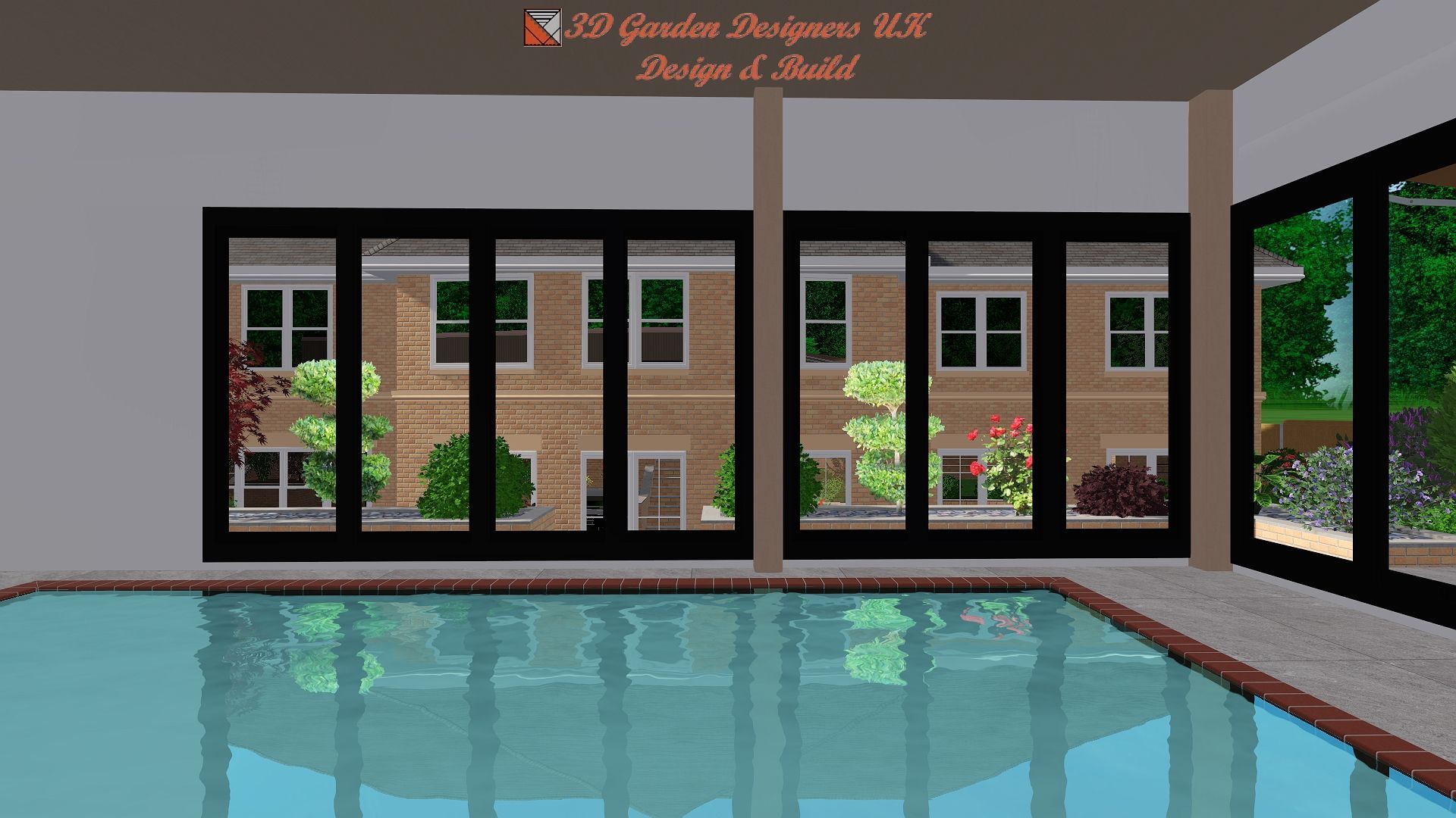 A computer generated image of a house with a swimming pool