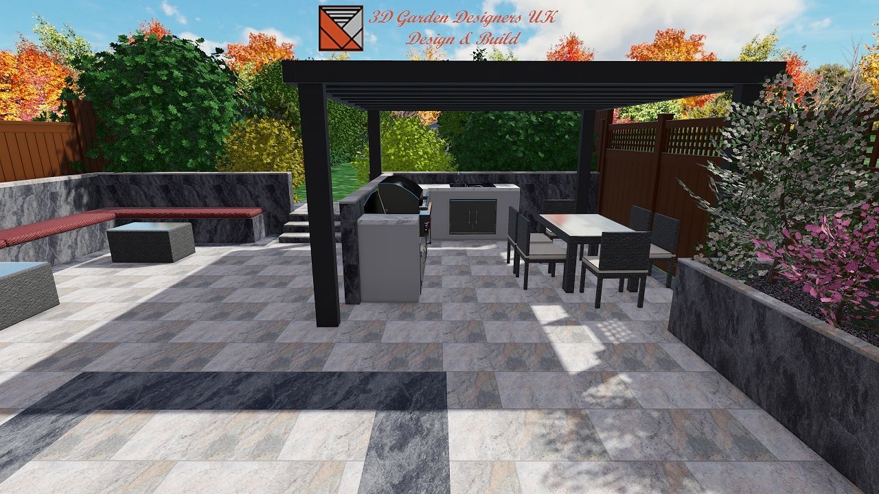 A computer generated image of a patio with a table and chairs under a pergola.