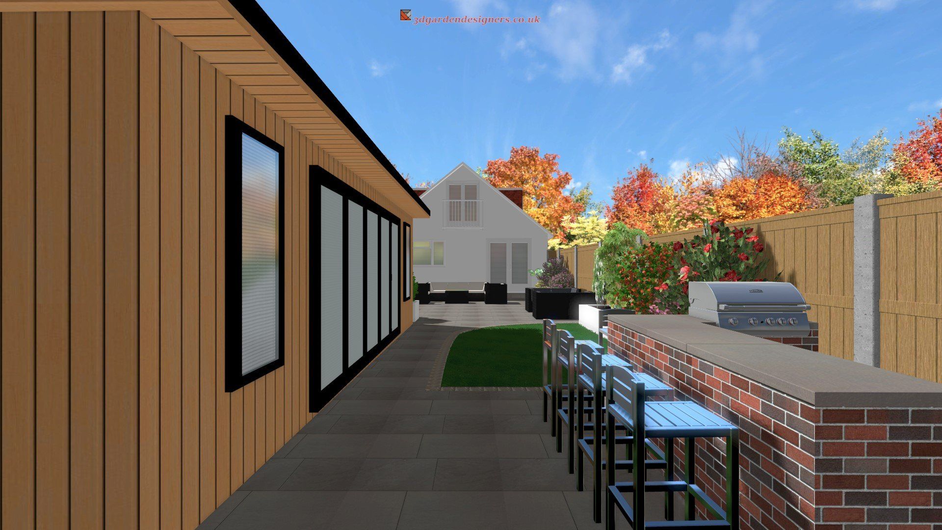 A computer generated image of a backyard with a brick wall and a grill.