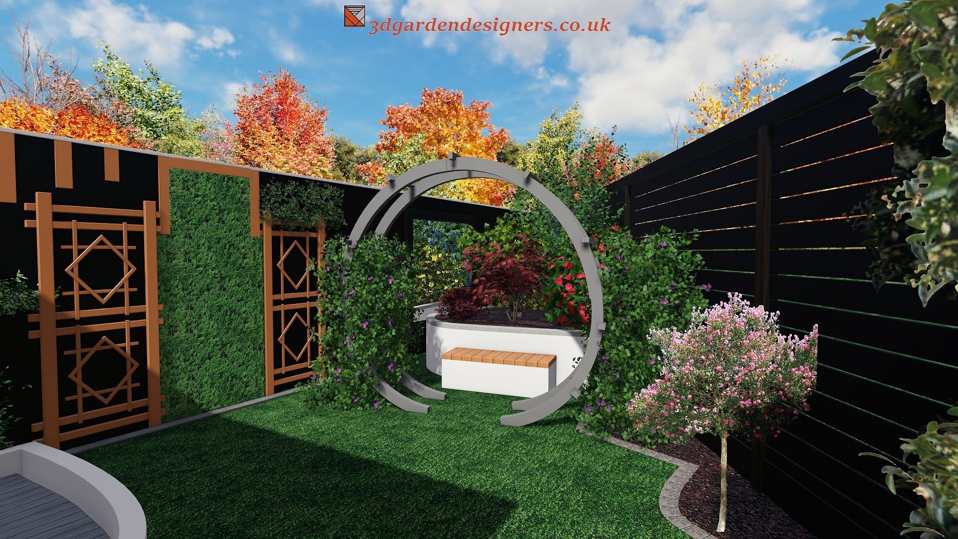 A computer generated image of a garden with a swing and a bench