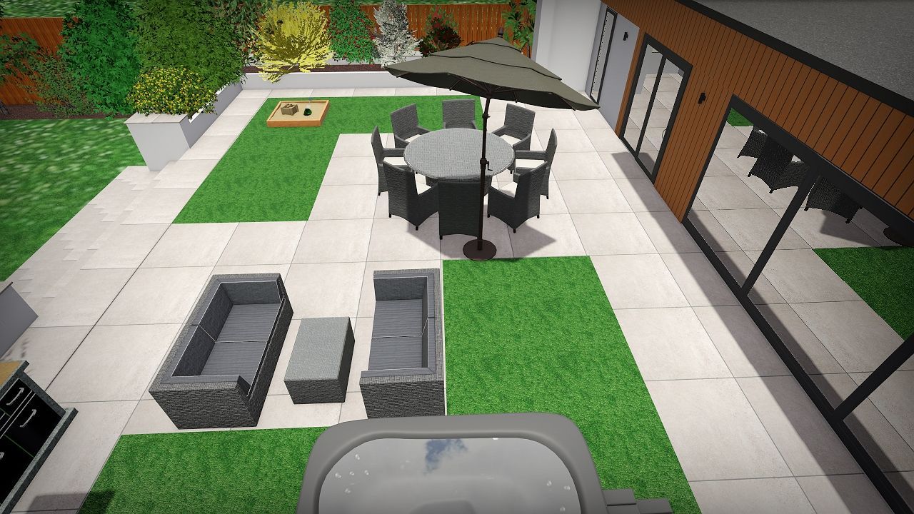 An aerial view of a patio with a table and chairs and a hot tub.