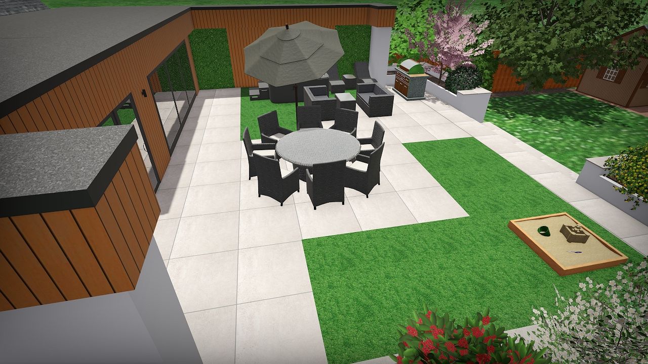 A computer generated image of a backyard with a table and chairs and umbrellas.