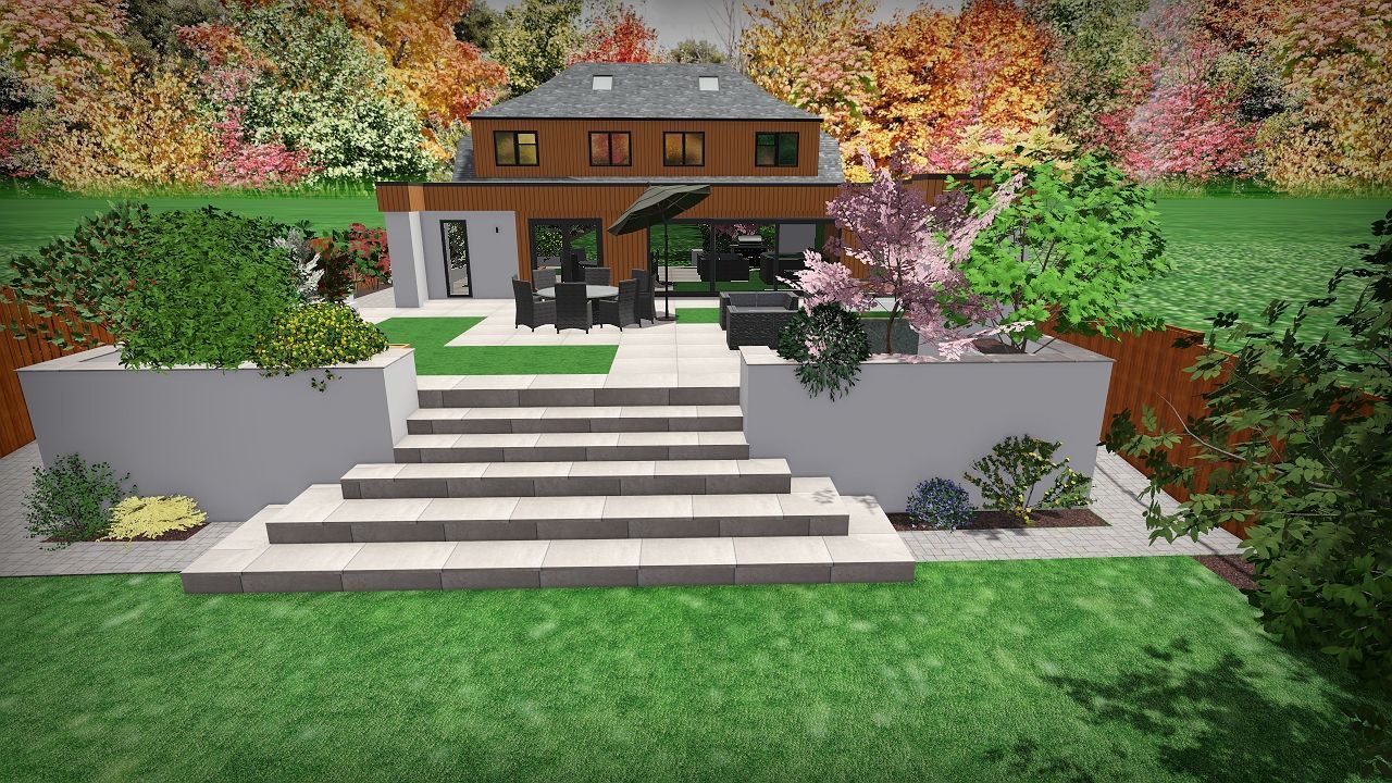 A computer generated image of a house with stairs leading up to it.