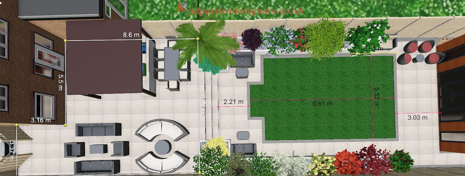 An aerial view of a backyard with a swimming pool and patio furniture.