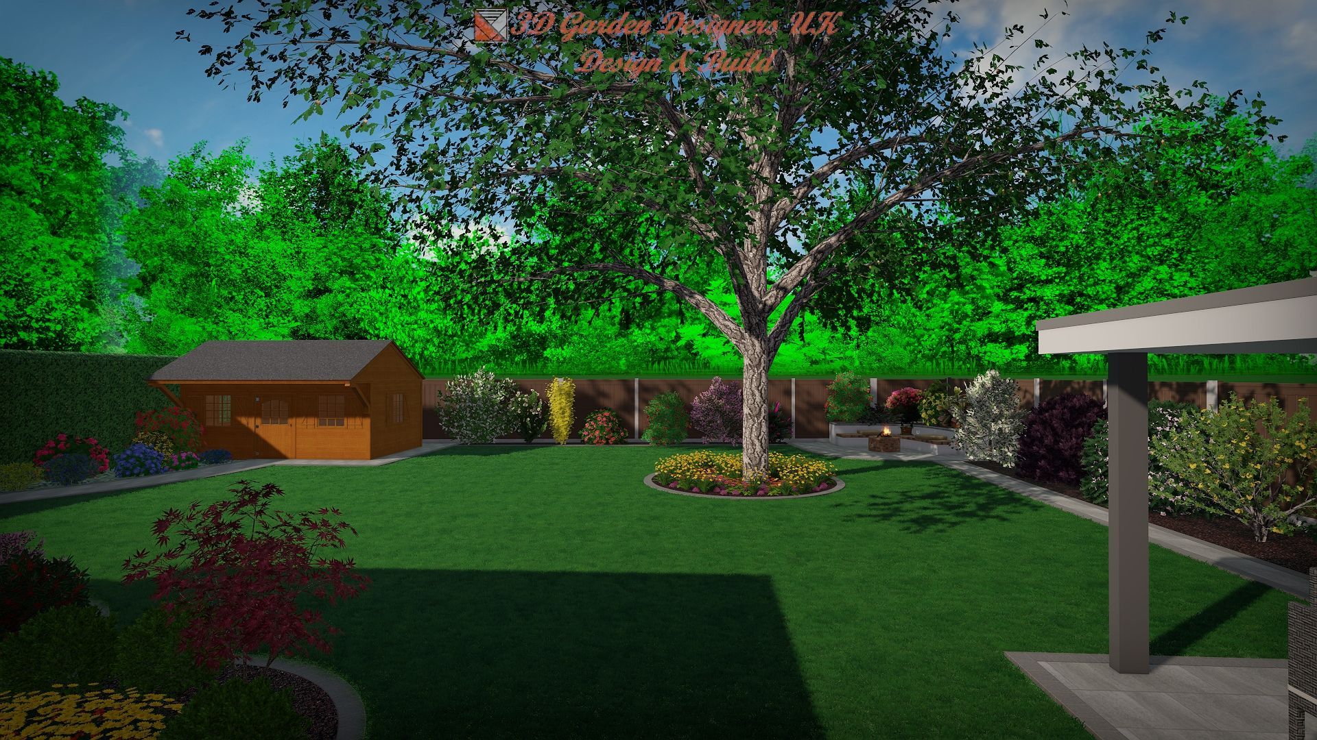 A 3D render of a backyard garden featuring a grassy lawn, a wooden shed, a central tree, and a patio area.