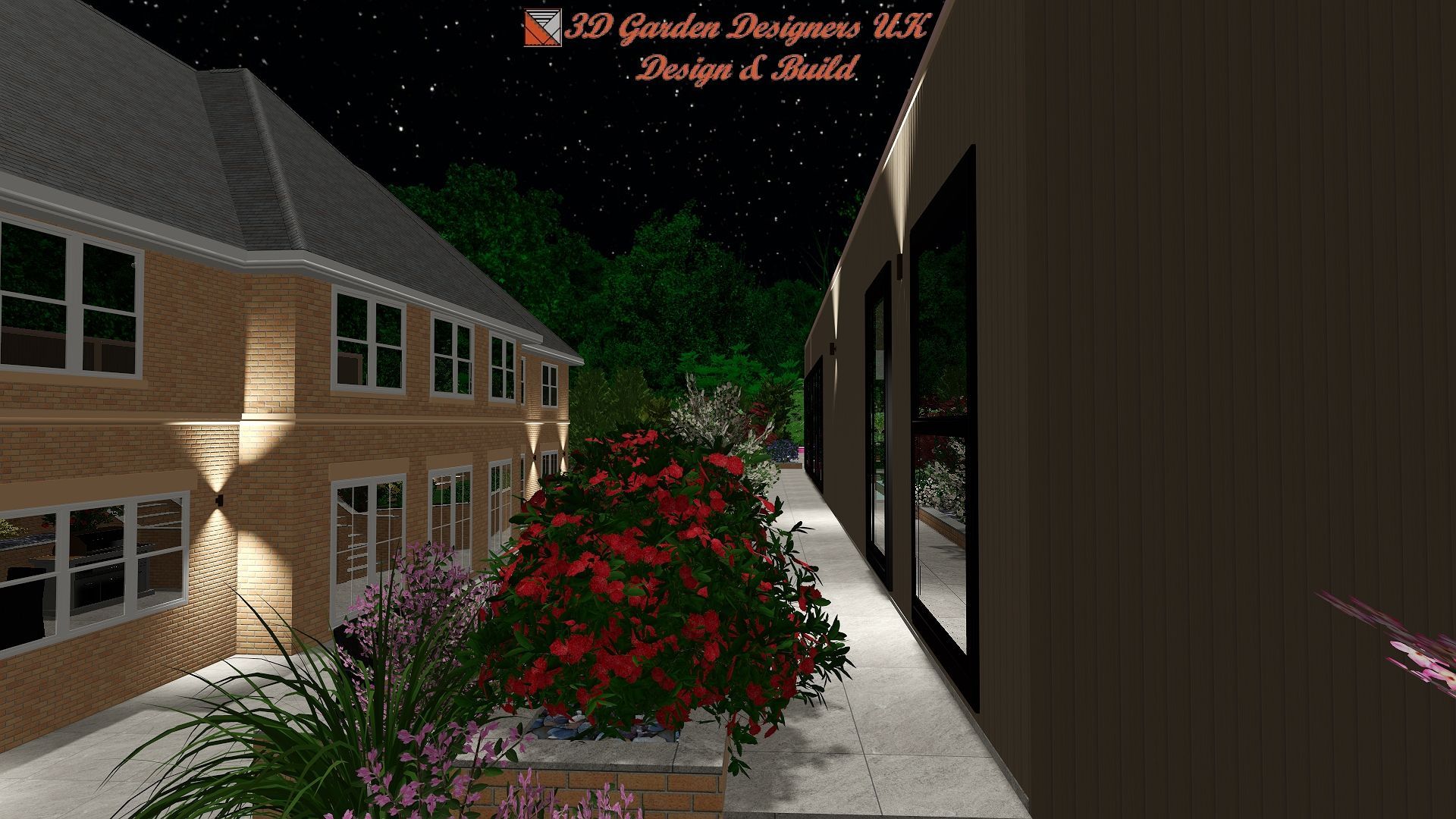 A computer generated image of a house with flowers in front of it at night.