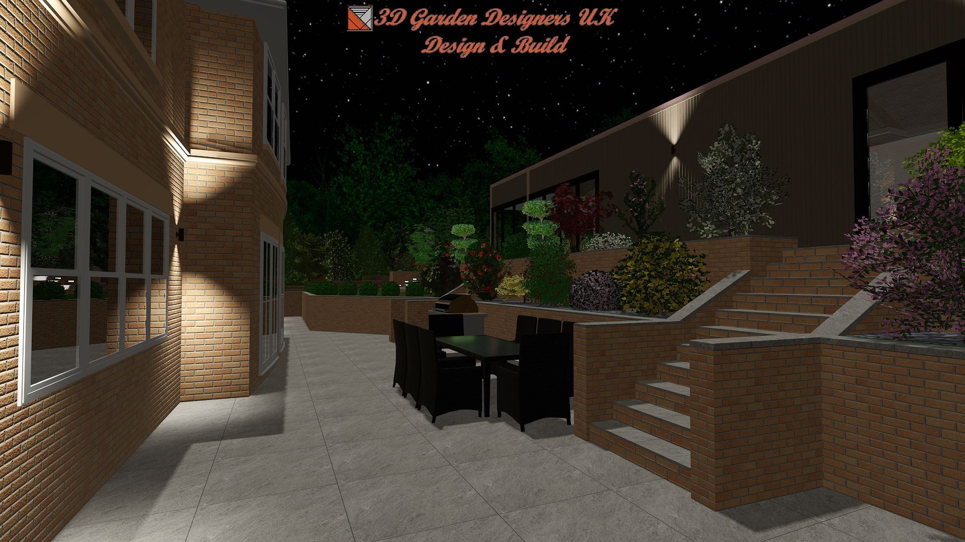 A computer generated image of a patio with a table and chairs at night.