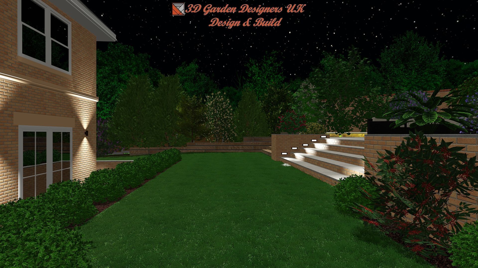 A computer generated image of a backyard at night