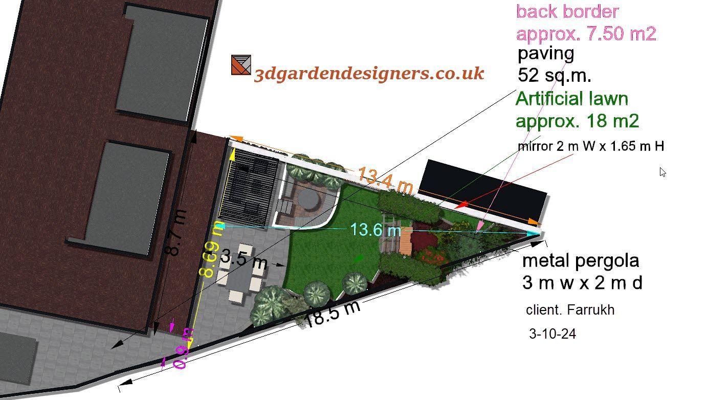 A drawing of a garden with a metal pergola