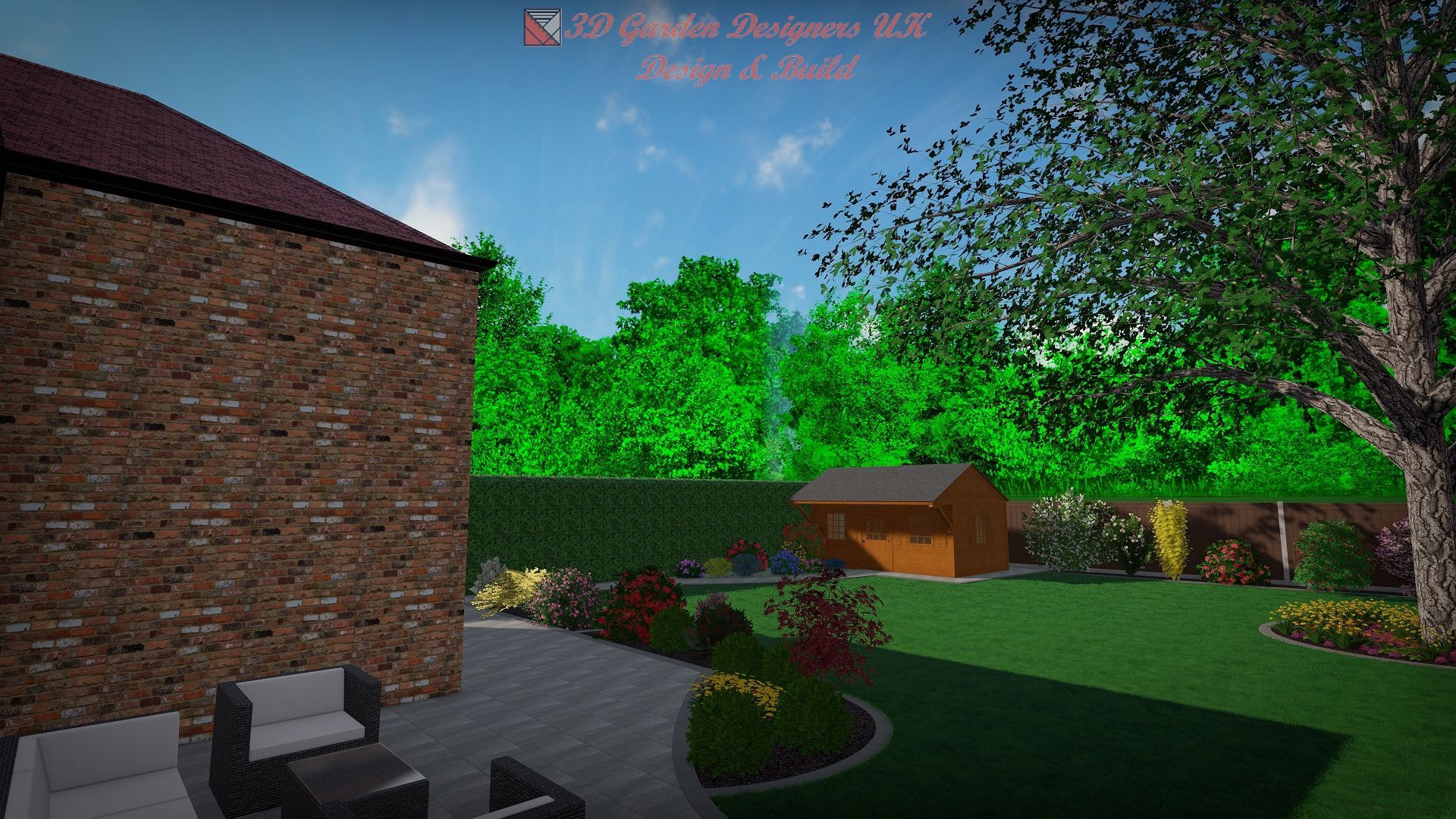 A 3D design of a backyard with a brick house, a paved patio with furniture, a lawn, garden beds, and a wooden shed.