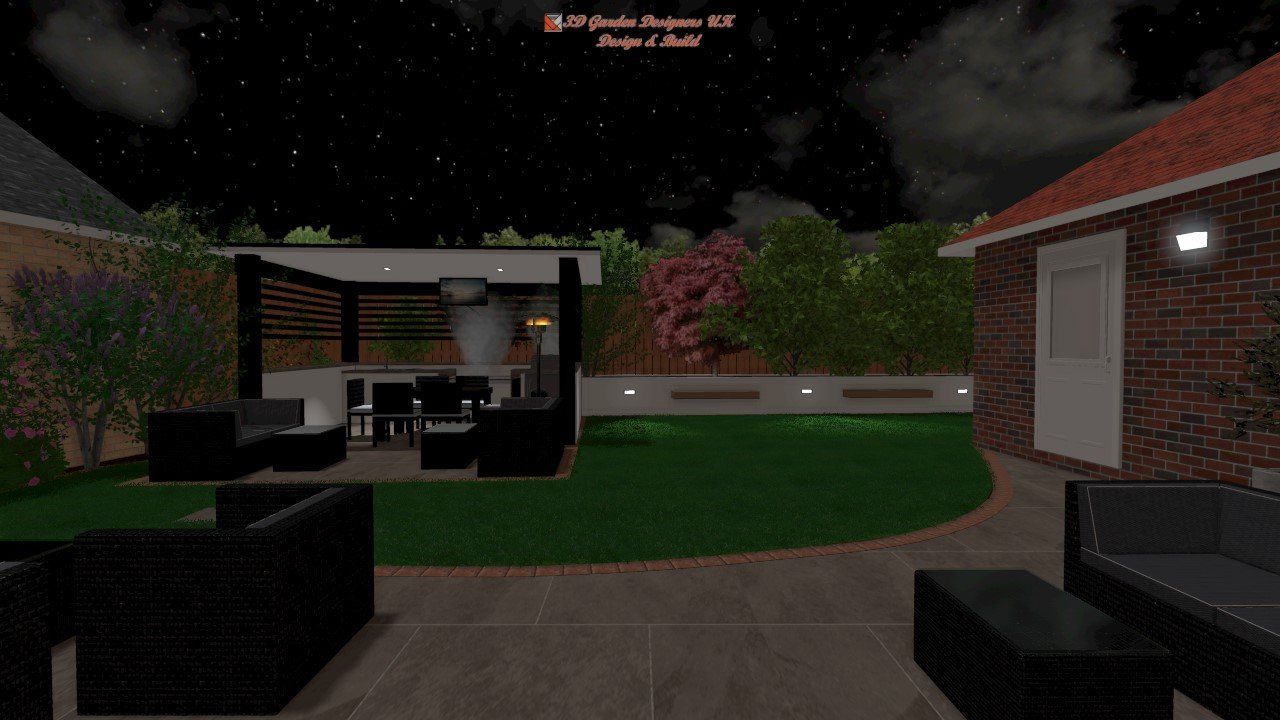A computer generated image of a backyard at night