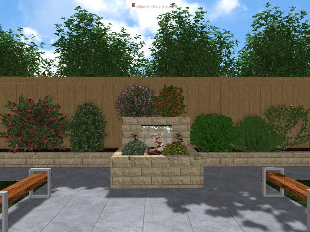 A computer generated image of a garden with a waterfall