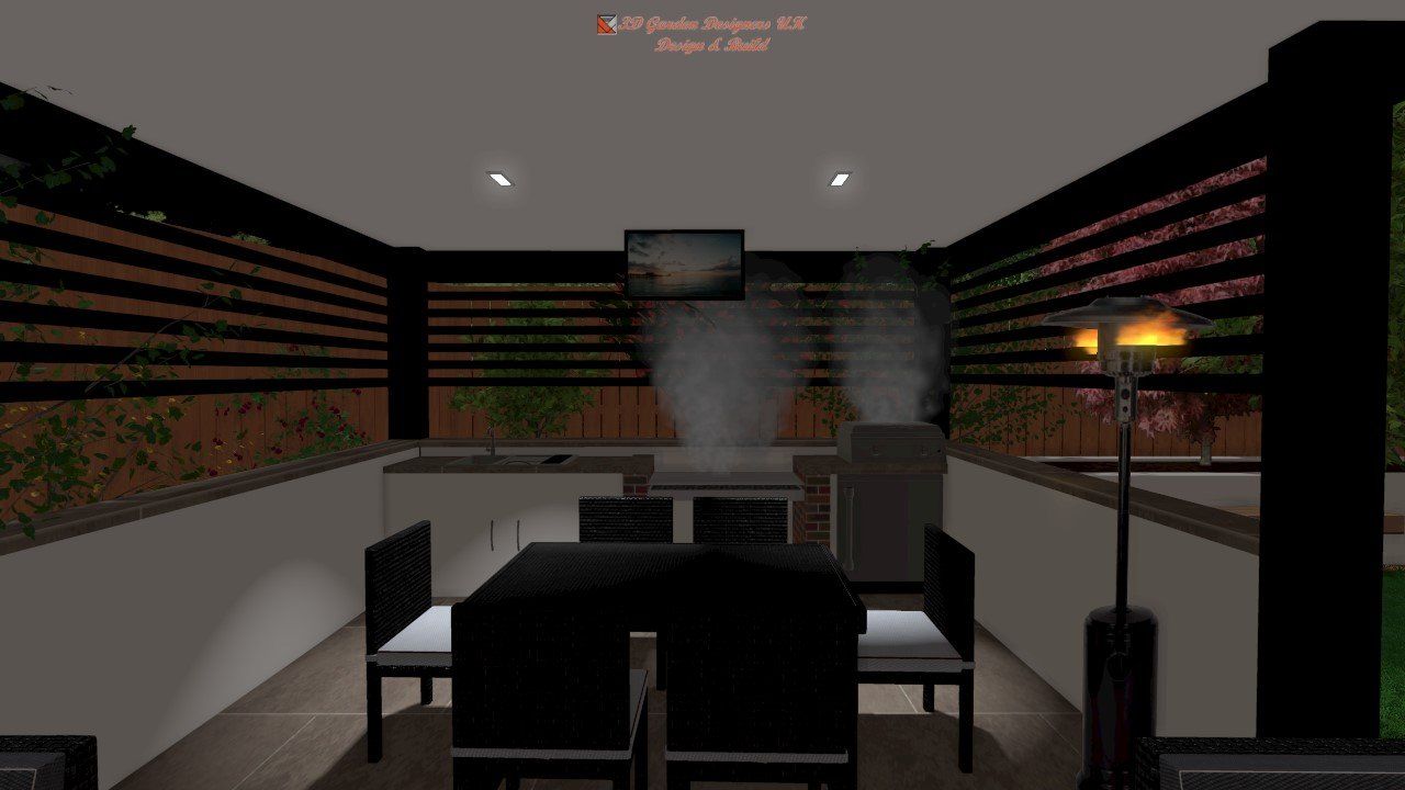 A computer generated image of a dining room with a table and chairs.