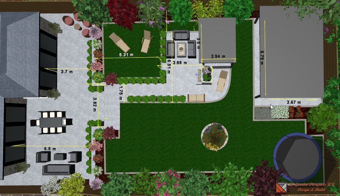 An aerial view of a garden with a table and chairs